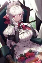 Rule 34 | 1girl, absurdres, apron, black dress, bowl, chair, closed mouth, dress, flower, frilled apron, frills, gloves, hair ornament, highres, indoors, long hair, long sleeves, looking at viewer, maid, maid headdress, mendou kusai, original, pet bowl, pointy ears, red eyes, sitting, solo, white apron, white gloves, white hair, white headwear, window