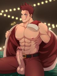 Rule 34 | 1boy, ajb11, alternate costume, bara, bare pectorals, beard, blue eyes, boku no hero academia, christmas, endeavor (boku no hero academia), erection, facial hair, feet out of frame, hat, highres, jacket, large pectorals, male focus, mature male, muscular, muscular male, navel, navel hair, nipples, open clothes, open jacket, pants, pectorals, penis, precum, red hair, red jacket, red pants, santa costume, santa hat, scar, scar across eye, scar on face, short hair, sideburns, solo, spiked hair, spread legs, stubble, thick thighs, thighs, uncensored, veins, veiny penis