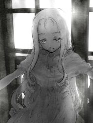 Rule 34 | 1girl, alternate costume, backlighting, bloom, choker, closed mouth, collarbone, cowboy shot, dress, forehead, girls und panzer, greyscale, half-closed eyes, highres, indoors, lace, lace-trimmed dress, lace trim, long hair, looking at viewer, marie (girls und panzer), monochrome, outstretched arms, payama, ribbon choker, ringlets, sanpaku, seductive smile, short sleeves, sidelocks, smile, solo, spread arms, window
