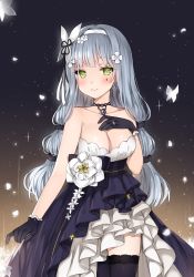 Rule 34 | 1girl, bad id, bad pixiv id, black gloves, black ribbon, blunt bangs, blush, breasts, canape (canape0130), choker, cleavage, closed mouth, collarbone, cowboy shot, dress, earrings, eyes visible through hair, flower, gem, girls&#039; frontline, gloves, gradient background, green eyes, hairband, hand on own chest, hand up, headband, hk416 (girls&#039; frontline), hk416 (starry cocoon) (girls&#039; frontline), holding, holding clothes, holding dress, jewelry, lace, lace-trimmed legwear, lace choker, lace trim, layered dress, lens flare, light brown hair, light particles, long hair, looking at viewer, medium breasts, multi-tied hair, necklace, official alternate costume, pendant, petals, purple thighhighs, ribbon, ring, silver hair, smile, solo, thighhighs, thighs, very long hair, wedding band, white flower, white hairband, white headband, zettai ryouiki