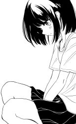 Rule 34 | 1girl, arms between legs, blush, closed mouth, collarbone, cowboy shot, expressionless, greyscale, highres, legs together, long bangs, looking down, miniskirt, monochrome, original, pleated skirt, shirt, short hair, short sleeves, sidelocks, sitting, skirt, smison, solo, t-shirt