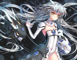 Rule 34 | 1girl, armor, brooch, closed mouth, code: battle seraph (elsword), covered navel, cowboy shot, crystal, detached collar, detached sleeves, elsword, eve (elsword), expressionless, eyelashes, facial mark, faulds, flat chest, floating hair, forehead jewel, gem, glowing, hair between eyes, jewelry, lace-trimmed sleeves, lace trim, lens flare, leotard, long hair, long sleeves, moby (elsword), remy (elsword), robot, solo, strapless, strapless leotard, very long hair, wataru kuri, white hair, yellow eyes