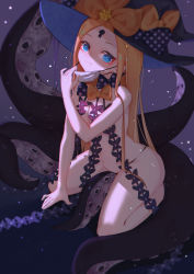 Rule 34 | 1girl, abigail williams (fate), abigail williams (second ascension) (fate), absurdres, bare shoulders, black bow, black hat, black panties, blonde hair, blue eyes, bow, breasts, fate/grand order, fate (series), forehead, hat, highres, keyhole, long hair, mask, mask pull, mouth mask, multiple bows, navel, orange bow, panties, parted bangs, small breasts, smile, solo, suyujiu u, tentacles, underwear, witch hat