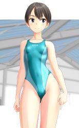 Rule 34 | 1girl, absurdres, aqua one-piece swimsuit, black hair, breasts, brown eyes, clothes writing, competition swimsuit, contrapposto, cowboy shot, highres, looking to the side, one-piece swimsuit, original, short hair, small breasts, smile, solo, standing, swimsuit, takafumi, two-tone swimsuit