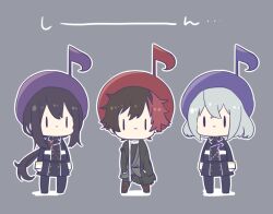 Rule 34 | 3boys, arms at sides, black jacket, bob cut, boots, buttons, chibi, double-breasted, fortissimo, full body, goma sodapop, grey hair, hair ornament, hizen tadahiro, honebami toushirou, jacket, lineup, long hair, long sleeves, looking at viewer, male focus, multicolored hair, multiple boys, musical note, musical note hair ornament, namazuo toushirou, outline, pants, ponytail, purple jacket, purple pants, red hair, short hair, simple background, standing, touken ranbu, two-tone hair, very long hair, white outline