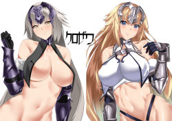 Rule 34 | 2girls, black gloves, blonde hair, blue eyes, blush, breast curtains, breasts, chain, collar, elbow gloves, fate/apocrypha, fate/grand order, fate (series), gauntlets, gloves, headpiece, jeanne d&#039;arc (fate), jeanne d&#039;arc (ruler) (fate), jeanne d&#039;arc (third ascension) (fate), jeanne d&#039;arc alter (avenger) (fate), jeanne d&#039;arc alter (fate), kurozawa yui, large breasts, long hair, looking at viewer, metal collar, multiple girls, navel, silver hair, simple background, smile, very long hair, yellow eyes