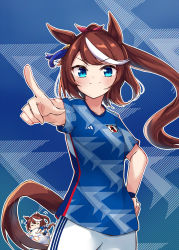 Rule 34 | 1girl, 2022 fifa world cup, adidas, alternate costume, animal ears, ball, blue background, blue eyes, blue shirt, bow, breasts, brown hair, chibi, chibi inset, closed mouth, collarbone, commentary request, cowboy shot, ear ribbon, floating hair, hair bow, hair flaps, hand on own hip, high ponytail, highres, horse ears, horse girl, horse tail, japan, long hair, looking at viewer, multicolored hair, pink bow, pointing, pointing at viewer, ponytail, shirt, short sleeves, shorts, sidelocks, small breasts, smile, soccer ball, soccer uniform, soramuko, sportswear, standing, streaked hair, tail, tokai teio (umamusume), two-tone hair, umamusume, white hair, white shorts, world cup, wristband
