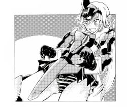 Rule 34 | 1girl, blush, elbow gloves, embarrassed, fang, frame arms girl, gloves, greyscale, highres, long hair, looking down, mecha musume, miaawa, monochrome, open mouth, panties, short hair, skin fang, skirt, solo, striped clothes, striped panties, stylet, underwear