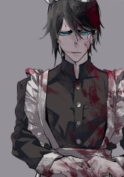 Rule 34 | 1boy, alternate costume, apron, aqua eyes, bad id, bad pixiv id, black hair, black nails, black shirt, bleach, blood, blood in hair, blood on clothes, blood on face, closed mouth, dress shirt, enmaided, grey background, hair between eyes, highres, hishui prpr, looking at viewer, maid, male focus, nail polish, shirt, short hair, simple background, solo, ulquiorra cifer, white apron