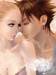 Rule 34 | 1990s (style), 1boy, 1girl, alternate hair color, blonde hair, brown hair, bartz klauser, close-up, collarbone, copyright name, earrings, final fantasy, final fantasy v, hetero, imminent kiss, jewelry, jitome, lenna charlotte tycoon, necklace, retro artstyle, yoa