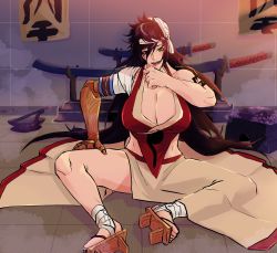 Rule 34 | 1girl, bandages, bandana, bare shoulders, black hair, bleach, breasts, chair, cleavage cutout, clog sandals, clothing cutout, dojo, female focus, green eyes, hand on own knee, highres, incense, japanese clothes, japanese text, katana, kimono, large breasts, long hair, looking at viewer, midriff peek, muscular, muscular female, navel, pale skin, prosthesis, prosthetic arm, shiba kuukaku, sitting, smile, solo, sword, tattoo, teasing, weapon, wooden floor, wooden wall, yukata