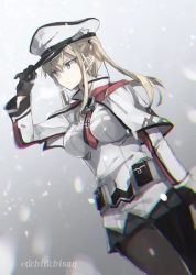 Rule 34 | 10s, 1girl, adjusting clothes, adjusting headwear, anchor choker, arm up, artist name, between breasts, black gloves, black pantyhose, black skirt, blonde hair, blue eyes, breasts, capelet, chibirisu, collar, cross, dutch angle, expressionless, female focus, gloves, graf zeppelin (kancolle), hat, iron cross, kantai collection, large breasts, long sleeves, military, miniskirt, necktie, necktie between breasts, pantyhose, peaked cap, pleated skirt, pocket, short hair, sidelocks, skirt, snow, snowing, solo, walking