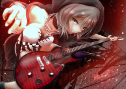 Rule 34 | 1girl, aoba moca, aqua eyes, aqua socks, bang dream!, black choker, black footwear, black jacket, black shorts, chain necklace, choker, collarbone, commentary request, cross-laced clothes, cross-laced top, electric guitar, gibson les paul, grey hair, grin, guitar, highres, hood, hood up, instrument, jacket, jewelry, mouth hold, necklace, open clothes, open jacket, plectrum, purple socks, ring, ryo the speed6, short hair, shorts, single sock, single thighhigh, smile, socks, solo, spread legs, striped clothes, striped shorts, thighhighs, vertical-striped clothes, vertical-striped shorts, white shorts