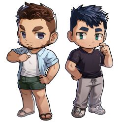 Rule 34 | 2boys, bara, beard, black shirt, blue hair, brown footwear, brown hair, chibi, commentary request, facial hair, flip-flops, goatee, green shorts, grey pants, hand on own hip, highres, male focus, multiple boys, mustache stubble, oji-mama (skskdan), pants, pointing, pointing at self, sandals, scratching cheek, second-party source, shirt, shorts, sisimaru hoshiura, souichi hoshiura, stubble, thick eyebrows, wasp (anthyutena), white background, white footwear, white shirt