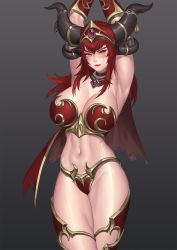 Rule 34 | 1girl, alexstrasza, armlet, armpits, arms up, blush, breasts, cape, headgear, highres, horns, karmiel, large breasts, lip biting, long eyebrows, long hair, looking at viewer, midriff, navel, red hair, red lips, solo, warcraft, world of warcraft, yellow eyes