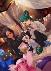Rule 34 | 00kashian00, 3girls, absurdres, ahoge, alternate costume, barefoot, black hair, black pants, book, bookshelf, bow, buttons, character doll, clodsire, closed mouth, commentary request, copperajah, creatures (company), curtains, espathra, game freak, geeta (pokemon), gen 3 pokemon, gen 8 pokemon, glimmora, green hair, grey shirt, grin, hair bow, hair brush, hair bun, hair ornament, hairclip, highres, holding, holding book, holding hair brush, holding mirror, indoors, long hair, long sleeves, mirror, multiple girls, nail, nintendo, pants, pokemon, pokemon sv, poppy (pokemon), red eyes, rika (pokemon), rookidee, shirt, sitting, smile, teeth, tinkatink, tinkaton, toes, whiscash