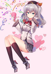 Rule 34 | 10s, 1girl, absurdres, bad id, bad pixiv id, black thighhighs, breasts, chromatic aberration, confetti, fb, full body, gloves, green eyes, grey hair, grey shirt, hand in own hair, highres, kantai collection, kashima (kancolle), long hair, looking at viewer, may (2747513627), medium breasts, military, military uniform, miniskirt, party popper, pleated skirt, shirt, skirt, smile, solo, streamers, thighhighs, uniform, white gloves