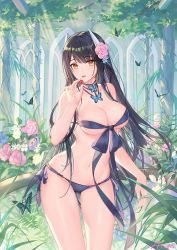 Rule 34 | 1girl, alternate costume, artist name, atdan, azur lane, bare arms, bare shoulders, bikini, black hair, blue bikini, blue flower, blush, breasts, bug, butterfly, cherry, collarbone, commentary, cowboy shot, flower, food, front-tie bikini top, front-tie top, fruit, gluteal fold, hair flower, hair ornament, hand up, hiei (azur lane), highres, holding, holding food, holding fruit, horns, bug, large breasts, leaf, light particles, light rays, long hair, looking at viewer, navel, parted lips, pink flower, plant, purple flower, rose, side-tie bikini bottom, solo, standing, strapless, strapless bikini, sunbeam, sunlight, swimsuit, thighs, tree, very long hair, yellow eyes