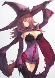 Rule 34 | 1girl, absurdres, black gloves, black legwear, black sclera, blazblue, blazblue: central fiction, breasts, cape, cleavage, colored sclera, detached sleeves, dress, fingernails, gloves, hair over one eye, hat, highres, konoe a. mercury, large breasts, long fingernails, long hair, long sleeves, looking at viewer, purple cape, purple dress, purple hair, purple hat, short dress, shrug (clothing), smile, solo, toima (beat0829), witch hat, yellow eyes