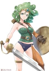Rule 34 | 1girl, asymmetrical clothes, asymmetrical sleeves, belt buckle, between breasts, bracer, breasts, brown gloves, buckle, circlet, closed mouth, collarbone, commentary request, crimson (cxrss377), curly hair, dragon quest, dragon quest iv, feet out of frame, gloves, green eyes, green hair, green leotard, heroine (dq4), highres, holding, holding shield, holding sword, holding weapon, leotard, long sleeves, looking at viewer, medium hair, midriff peek, orange sleeves, orange thighhighs, serious, sheath, shield, single bare shoulder, single glove, single sleeve, single thighhigh, solo, square enix, standing, strap between breasts, strapless, strapless leotard, sword, thigh strap, thighhighs, twitter username, uneven sleeves, weapon