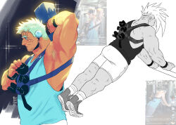 Rule 34 | 1boy, affectionate, aqua tank top, arm behind head, armpit hair, armpits, bara, belly, black cat, blue tank top, cat, collage, exercise, facial hair, from side, goatee stubble, headpat, highres, large pectorals, livio the doublefang, long sideburns, male focus, mature male, muscular, muscular male, mustache stubble, pectorals, petting, reference inset, renny (renny rose), short hair, shorts, sideburns, sidepec, sparkle background, stubble, tank top, thick eyebrows, tiktok, trigun, trigun maximum, weightlifting, white hair