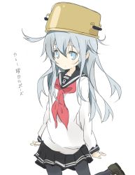 Rule 34 | 1girl, anchor symbol, black sailor collar, black skirt, blue eyes, commentary request, core (mayomayo), hibiki (kancolle), kantai collection, long hair, neckerchief, pantyhose, pleated skirt, pot on head, red neckerchief, sailor collar, school uniform, serafuku, silver hair, simple background, skirt, solo, standing, thighhighs, white background