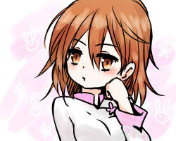 Rule 34 | 1girl, blush, breasts, brown eyes, brown hair, closed mouth, commentary request, dot nose, dress, hair between eyes, hand up, i.u.y, long sleeves, looking at viewer, medium breasts, medium hair, messy hair, misaka worst, pink background, solo, toaru majutsu no index, toaru majutsu no index: new testament, upper body, vietnamese dress, white dress