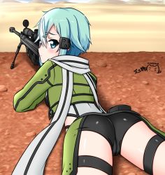 Rule 34 | 10s, 1girl, anti-materiel rifle, aqua eyes, aqua hair, artist name, black shorts, blue eyes, bolt action, dated, desert, gloves, gun, looking at viewer, looking back, lying, matching hair/eyes, on stomach, outdoors, pgm hecate ii, ppshex, rifle, shinon (sao), short hair, short shorts, shorts, sinon, sniper rifle, standing, sword art online, weapon
