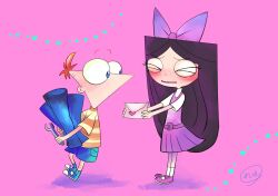 Rule 34 | 1boy, 1girl, absurdres, ajaj21bd, black hair, blue eyes, blueprint (object), bow, child, closed eyes, dress, envelope, full body, hair bow, highres, isabella garcia-shapiro, long hair, open mouth, phineas and ferb, phineas flynn, pink bow, pink dress, red hair, shirt, short sleeves, shorts, striped clothes, toon (style), wrench