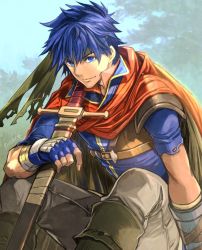 Rule 34 | 1boy, armor, blue eyes, blue gloves, blue hair, boots, cape, closed mouth, commentary request, fingerless gloves, fire emblem, gloves, green headband, headband, ike (fire emblem), male focus, nintendo, orange cape, outdoors, pants, sheath, short hair, short sleeves, signature, sitting, smile, solo, sword, toyota saori, weapon