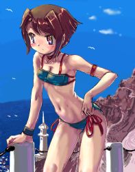 Rule 34 | bad id, bad pixiv id, bandeau bikini, bikini, bird, blue eyes, bracelet, brown hair, choker, jewelry, lighthouse, ocean, otter kawauso, short hair, solo, swimsuit