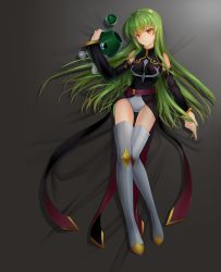 Rule 34 | absurdres, bad id, bad pixiv id, bare shoulders, belt, bow, breasts, breasts apart, c.c., code geass, detached sleeves, from above, full body, green hair, hair bow, halterneck, head tilt, highres, holding, holding hair, indoors, legs together, leotard, leotard under clothes, long hair, long sleeves, looking at viewer, lying, medium breasts, purple belt, shadow, simple background, thighhighs, very long hair, white thighhighs
