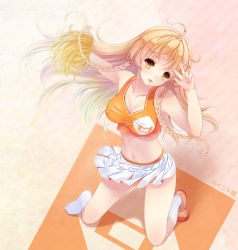 Rule 34 | 1girl, bad id, bad pixiv id, blonde hair, braid, breasts, cheerleader, collarbone, crop top, culture japan, feet, holding, large breasts, long hair, looking at viewer, midriff, navel, no shoes, paint musume, parted lips, pom pom (cheerleading), shiny skin, shirt, shoes, single shoe, skirt, socks, solo, suenaga mirai, taut clothes, taut shirt, twin braids, v, yellow eyes