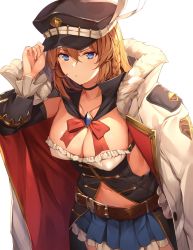 Rule 34 | 1girl, belt, blue eyes, blush, braid, breasts, brown hair, cleavage, closed mouth, clothing cutout, commentary request, cowboy shot, detached collar, detached sleeves, frills, gold trim, granblue fantasy, hat, hat feather, highres, jewelry, kaerunoko, lecia (granblue fantasy), long hair, looking at viewer, medium breasts, miniskirt, navel, navel cutout, peaked cap, simple background, skirt, solo, standing, white background