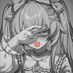 1girl blush bow choker condom condom_in_mouth covering_one_eye hair_bow hair_ornament highres indie_virtual_youtuber kupa_(jesterwii) long_hair long_sleeves looking_at_viewer luminous_j mouth_hold portrait solo spot_color twintails virtual_youtuber x_hair_ornament