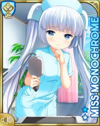 Rule 34 | 1girl, :o, blue eyes, blunt bangs, card, character name, closed mouth, day, girlfriend (kari), hospital, indoors, medical, miss monochrome, miss monochrome (character), nurse, official art, qp:flapper, solo, tagme, thighhighs, twintails, white footwear, white hair