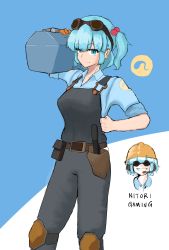 Rule 34 | 1girl, absurdres, belt, blu engineer (tf2), blue hair, commentary request, cosplay, cowboy shot, engineer (tf2), goggles, grin, hand on own hip, hard hat, helmet, highres, kawashiro nitori, knee pads, meme, smile, team fortress 2, the engineer (cosplay), toolbox, touhou, trait connection, two side up, yellow headwear