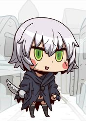 Rule 34 | 1girl, :d, blush stickers, chibi, cloak, dual wielding, fate/apocrypha, fate/grand order, fate (series), green eyes, holding, jack the ripper (fate/apocrypha), knife, official art, open mouth, riyo (lyomsnpmp), scar, silver hair, smile, solo, thighhighs