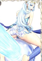 Rule 34 | 1girl, absurdres, ass, back, bare shoulders, blue eyes, blue hair, earrings, eiwa, highres, jewelry, long hair, looking back, matching hair/eyes, open mouth, pointy ears, princess, queen&#039;s blade, queen&#039;s blade grimoire, sitting, solo, teeth, thighs, tiina, tina (queen&#039;s blade), tongue, water, wet