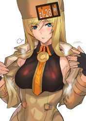 Rule 34 | 1girl, ashiomi masato, blonde hair, blue eyes, breasts, fingerless gloves, gloves, guilty gear, guilty gear strive, hat, long hair, looking at viewer, millia rage, simple background, solo, white background