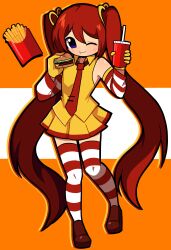 Rule 34 | 1girl, absurdres, arm warmers, blue eyes, burger, cosplay, cup, disposable cup, food, french fries, gloves, hair between eyes, hair ribbon, hatsune miku, highres, holding, holding burger, holding cup, holding food, long hair, mcdonald&#039;s, necktie, one eye closed, orange background, orazamige, outline, red arm warmers, red footwear, red hair, red necktie, red outline, red thighhighs, red trim, ribbon, ronald mcdonald, ronald mcdonald (cosplay), shirt, simple background, skirt, solo, striped clothes, striped thighhighs, thighhighs, twintails, vocaloid, white arm warmers, white background, white thighhighs, yellow gloves, yellow outline, yellow shirt, yellow skirt