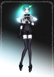 Rule 34 | 1other, aqua eyes, aqua hair, arm at side, black background, black bow, black bowtie, black footwear, black gloves, black shirt, black shorts, black thighhighs, bloodcat (babacatcat), border, bow, bowtie, capelet, character name, footwear bow, formal, frilled sleeves, frills, full body, gloves, glowing, gradient background, houseki no kuni, jewelry, knees together feet apart, lace trim, looking at viewer, other focus, phosphophyllite, puffy sleeves, see-through, shirt, shoes, short hair, shorts, sleeves past elbows, smile, solo, thigh gap, thighhighs