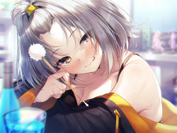 Rule 34 | 1girl, bangs pinned back, black bra, black jacket, blurry, blurry background, blurry foreground, bra, breasts, brown eyes, cleavage, closed mouth, commentary request, depth of field, eyes visible through hair, fang, fang out, hair ornament, hasumi (hasubatake39), highres, holding, jacket, looking at viewer, mimikaki, nail polish, off shoulder, original, short hair, silver hair, smile, solo, underwear, upper body, yellow nails