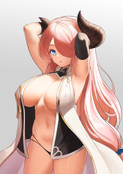 Rule 34 | 1girl, armpits, arms up, black panties, blue eyes, breasts, commentary request, elbow gloves, gloves, gooak, granblue fantasy, grey background, hair over one eye, hands in hair, horns, large breasts, long hair, narmaya (granblue fantasy), navel, panties, pink hair, simple background, skindentation, solo, thighs, underwear