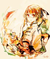 Rule 34 | 1girl, akagi shun, brown hair, chinese clothes, glasses, hand up, limited palette, looking at viewer, original, red eyes, semi-rimless eyewear, signature, sketch, smile, solo, under-rim eyewear, upper body