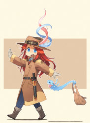 Rule 34 | 1girl, absurdres, bag, blue eyes, bolo tie, boots, brown footwear, coat, creature, denim, gloves, handbag, hat, highres, holding, holding with tail, jeans, long hair, nishimura (prism engine), original, outstretched hand, pants, prehensile tail, red hair, sheath, sheathed, sword, tail, tail grab, walking, weapon
