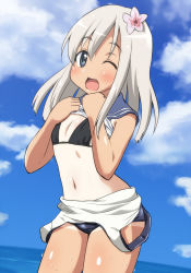 Rule 34 | 10s, 1girl, bikini, blonde hair, blue eyes, blush, breasts, clothes lift, clothes pull, hair ornament, kantai collection, layered bikini, layered swimsuit, long hair, looking at viewer, navel, one-piece swimsuit pull, one eye closed, open clothes, open mouth, ro-500 (kancolle), sailor collar, school swimsuit, shirt lift, silver hair, small breasts, smile, solo, standing, super masara, swimsuit, swimsuit under swimsuit, tan, tanline, thighs