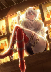Rule 34 | 1girl, absurdres, alcohol, boots, bottle, breasts, card, cleavage, crossed legs, cup, gloves, green eyes, hair between eyes, hair ornament, highres, holding, holding card, huge breasts, indoors, large breasts, looking at viewer, mika3n, red thighhighs, risley (sennen sensou aigis), sennen sensou aigis, shirt, short hair, sitting, solo, thigh boots, thigh strap, thighhighs, white gloves, white shirt