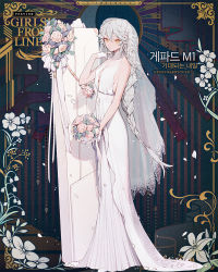 Rule 34 | 1girl, ahoge, alternate costume, alternate hairstyle, bare shoulders, blush, bouquet, braid, breasts, bridal veil, bride, center opening, character name, closed mouth, dress, flower, full body, gepard m1 (exciting future) (girls&#039; frontline), gepard m1 (girls&#039; frontline), girls&#039; frontline, gloves, hair between eyes, hair ornament, half gloves, hand up, holding, holding bouquet, km2o4, lace, lace-trimmed dress, lace trim, long dress, long hair, looking at viewer, medium breasts, messy hair, official alternate costume, official art, pale skin, partially fingerless gloves, petals, pink flower, pink rose, rose, sidelocks, single braid, veil, very long hair, weapon case, wedding dress, white dress, white flower, white gloves, white hair, white rose