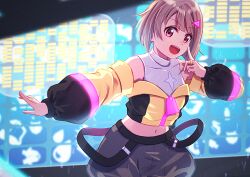 Rule 34 | 1girl, brown hair, collarbone, commentary request, cropped jacket, finger to cheek, go our way!, grey shorts, highres, jacket, jewelry, long sleeves, looking at viewer, love live!, love live! nijigasaki high school idol club, macken, midriff, multicolored clothes, multicolored jacket, nakasu kasumi, navel, open mouth, outstretched arm, red eyes, ring, short hair, shorts, solo, triangle hair ornament, upper body, yellow jacket, zipper